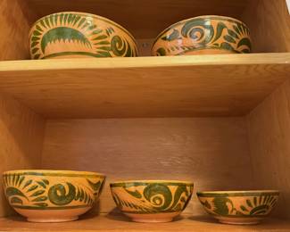 Set of 5 Yellow & Green Mexican Pottery Mixing Bowls