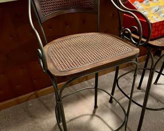 Pair of Wrought Iron Cane Back Bar Stools