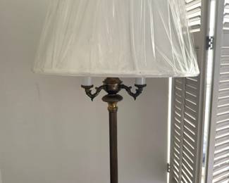 Brass Three-Light Candelabra  Floor Lamp with White Pleated Shade