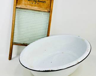 Antique Washboard with enamel pan