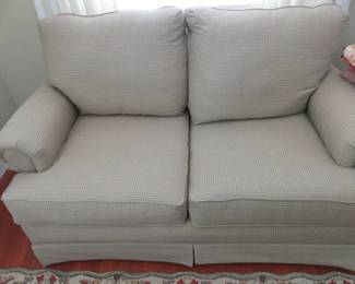 Green/Cream Upholstery Love Seat made by American Furniture Pontotoc, Mississippi 