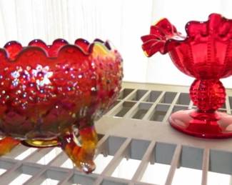 Vintage Fenton "Orange Tree" Carnival Glass Rose Bowl, Fenton Ruby Red Ruffled Beaded Compote Candy Bowl