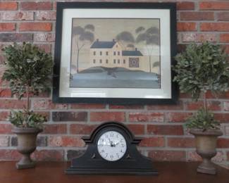 Warren Kimble Folk Art House Quilt Print Framed Art, Mantel Clock & Topiary's