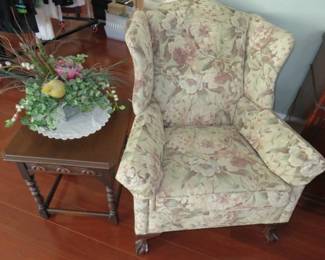 Floral Upholstery Wingback Chair w/Claw Feet