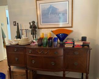 Antique Mahogany Buffet, Cut Color Crystal Glasses