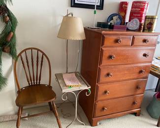 Occasional Chair, Table Lamp and Vintage Maple Dresser