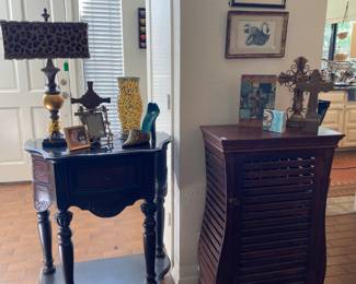 Small Decorative Entry way piece, decorative lamp, shoe wine bottle holder, Crosses, Ladder Style Cabinet