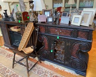 Gothic Entry way piece and Duraflame electric fireplace, beautiful collection of frames, Decoratives 