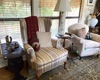 Assortment of Cream colored chairs, from wing back to overstuffed, Occasional Antique Side Tables 