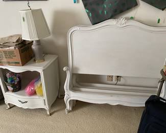 Antique pair of twin beds painted white with matching night stand 