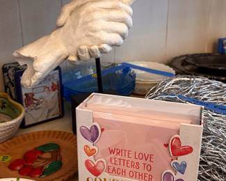 sculpture, collectible tins, dessert plates, couples games & notecards, vintage & antique kitchenware