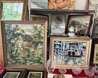 Collection of gold edge prints by Lionel Barrymore. Original oil’s on linen by Gillespie. Additional Decor and Crystal.