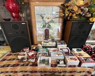 Collection of Maytag trucks and cars as well as Ace Hardware. Floral grace by Heller. Pioneer CS – G403 vintage speakers.
