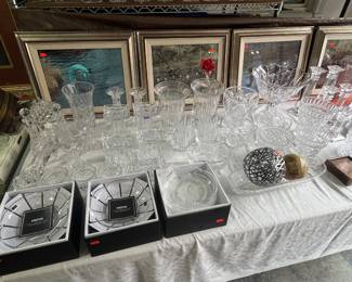 4 wildlife framed photos. Very large collection of Marque by Waterford. 3 box sets of Hoya crystal bowls.