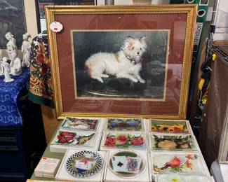 11 Peggy Karr plates. Ethan Allen framed art.