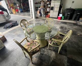 McGuire sheath glass top table with four custom chairs