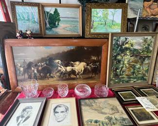 The horses by Rosa Bonheur, June 1927. John F Kennedy engraving. Abraham Lincoln by B. Rig. Original watercolor by Walter Buckingham Swan titled storm cloud. Original oils by Omaha artist Henson.