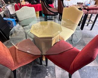 Gorgeous glass top table with custom wood pedestal, and for custom upholstered chairs.