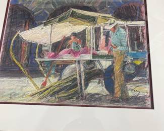 Watercolor and pastel by Ernest Lacy. Sugarcane vendor.