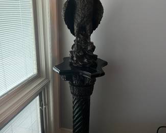 Bronze, eagle, beautiful and heavy. Marble and cast-iron pedestal, beautiful and really heavy.