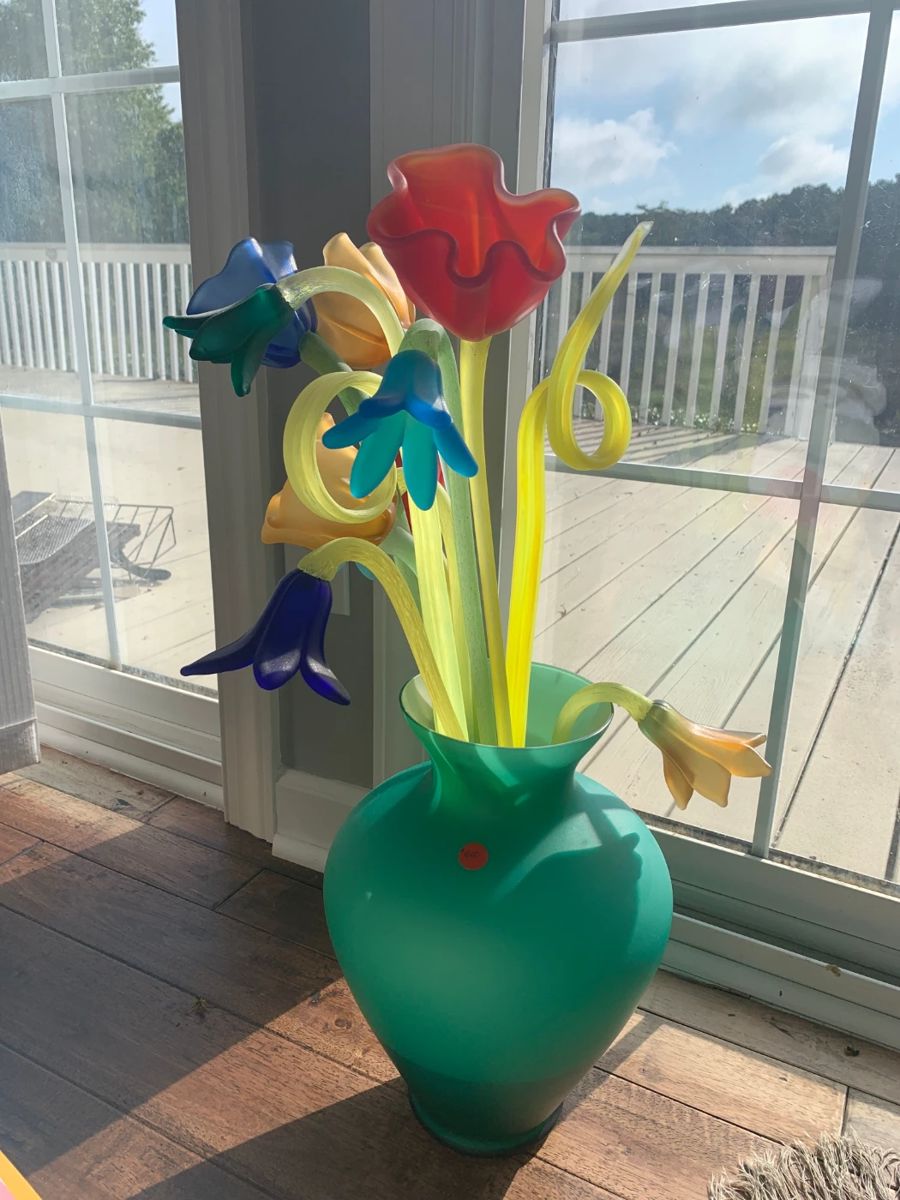 Satin glass vase with satin flowers. Marked Murano.