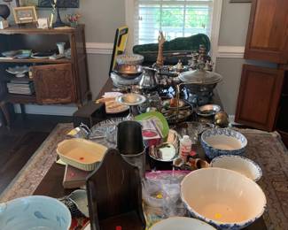 Various items, some spongeware bowls, silverplate, violin.