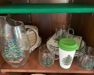 Spode - Several pieces, dinnerware, glassware, mugs, pitcher and trivets.