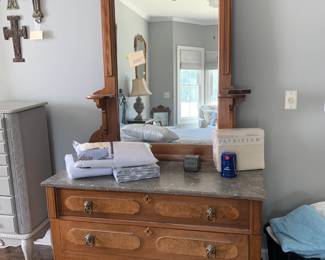 Beautiful antique oak and marble dresser with mirror.
