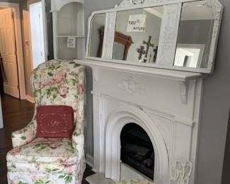 Antique triple mirror, petite wing back, shelves and iron upholstered stool.