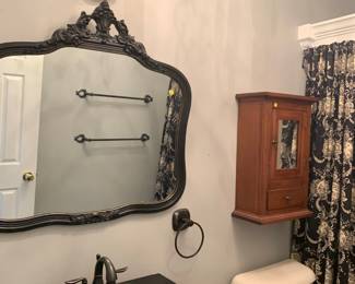 Lovely vintage painted oak mirror and small pine wall cupboard