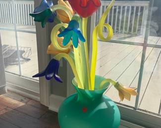 Satin glass vase with satin flowers. Marked Murano.