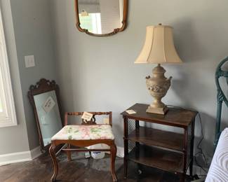 Oak and pine mirrors, upholstered lowback.