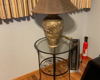 2 Tier Glass and Metal Side Table ($15 ). Ceramic Lamp ($20). 