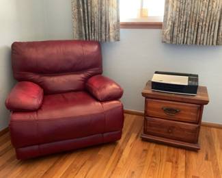 Oversized Red Distressed Leather Barcalounger Chair (Make Offer), 2 Drawer End Table ($15).