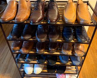 Shoes, Size 10.5 D (Cole Haan, Bostonian, Allen Edmonds, Faconnable, Rockport, Johnston and Murphy, ALFANI, Stacy Adams, Lacoste, LaLegacy, St. Johns Bay Flip Flops ($2), Bag of Shoe Care Products ($5).  Shoes $20 each, Tennis Shoes ($5).