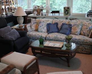 VERY NICE WICKER SOFA, LOVE SEAT, 2 END TABLES COFFEE TABLE, 2 CHAIRS WITH FOOT STOOLS