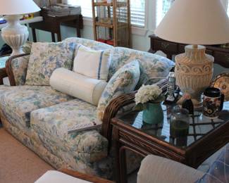 VERY NICE WICKER SOFA, LOVE SEAT, 2 END TABLES COFFEE TABLE, 2 CHAIRS WITH FOOT STOOLS