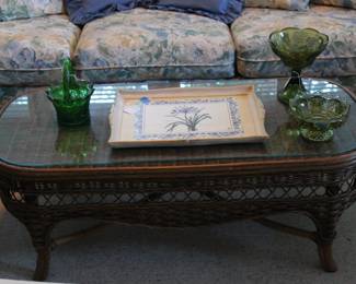 VERY NICE WICKER SOFA, LOVE SEAT, 2 END TABLES COFFEE TABLE, 2 CHAIRS WITH FOOT STOOLS