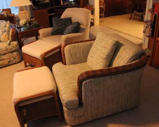 VERY NICE WICKER SOFA, LOVE SEAT, 2 END TABLES COFFEE TABLE, 2 CHAIRS WITH FOOT STOOLS