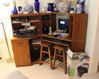 CORNOR STYLE COMPUTER DESK, PAPER SHREDER, PRINTER, MONITOR AND ASSORTED COLLECTIBLES