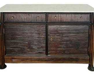 Ficks & Reed Marble Topped Cabinet - Bamboo Wood Grain Finish & Pilasters - Brass Pulls - Signed Inside Draw