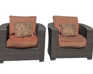 Two Wicker Club Chairs With Cushions & Pillows