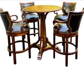 Wooden High Top Table & Four Leather High Top Arm Chairs