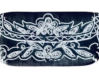 Vintage Beaded & Linen Clutch Purse With Snap Closure, Interior Storage Pocket, Moire Lining