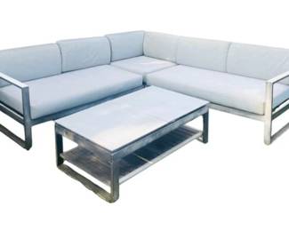 Outdoor Sectional Set With Light Gray Cushions And Height Adjustable Coffee Table
