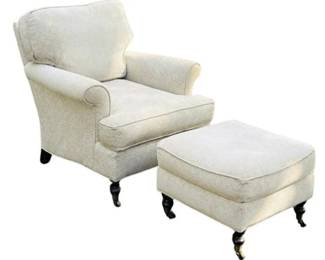 Club Chair & Ottoman With Spool Foot & Brass Caster Design - Beige Patterned Upholstery