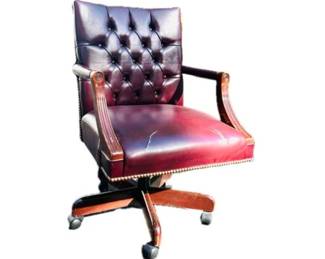 Classic Tufted Leather Office Arm-Chair With Brass Nail Studs - On Wheels