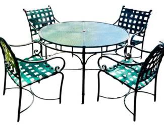 Outdoor Iron Patio Table & Arm Chairs With Woven Seats & Back Rests - Glass Table Surface