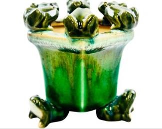 Small Hexagonal Pottery Cache Pot With Frogs Along Border & At Base - Nice Green Glaze