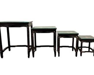 Chinoiserie Nesting Tables With Detailed Relief Design & Custom Cut Glass Tops